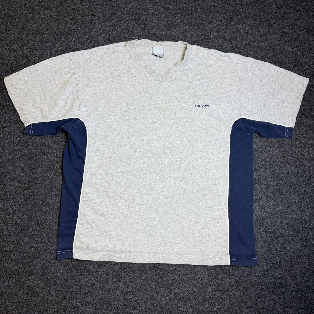 Vintage Nike T-Shirt Mens XL Grey Navy Blue Sportswear Colorblock V-Neck